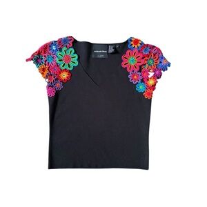 Michael Simon Black Floral Embroidered Top Floral Wearable Art Vintage
